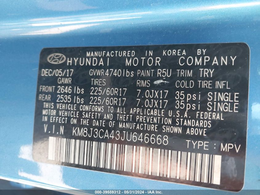 2018 Hyundai Tucson Sel VIN: KM8J3CA43JU646668 Lot: 39559312