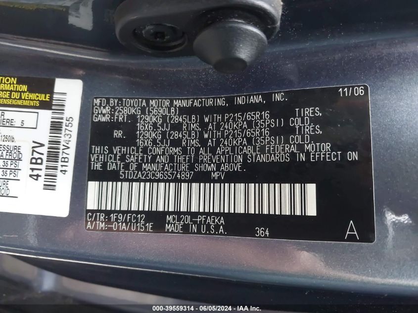 2006 Toyota Sienna Le VIN: 5TDZA23C96S574897 Lot: 39559314