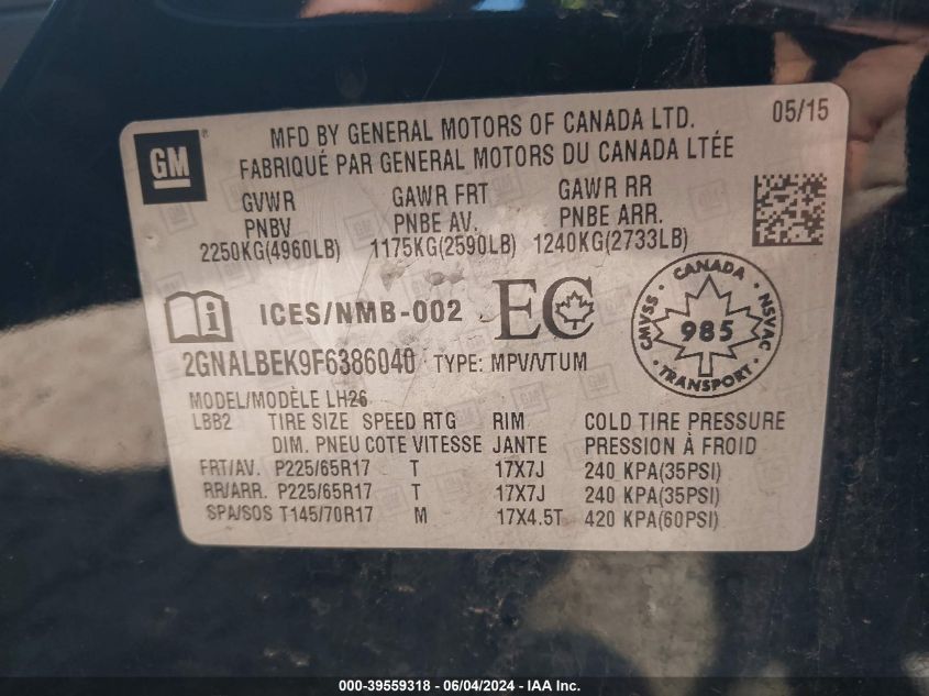 2015 Chevrolet Equinox 1Lt VIN: 2GNALBEK9F6386040 Lot: 39559318