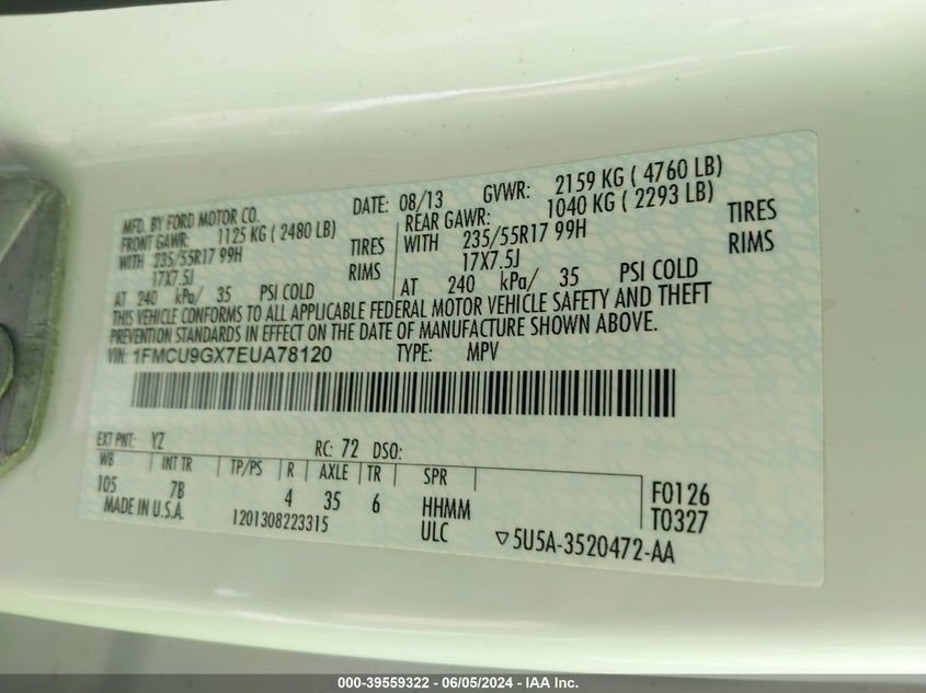 2014 Ford Escape Se VIN: 1FMCU9GX7EUA78120 Lot: 39559322