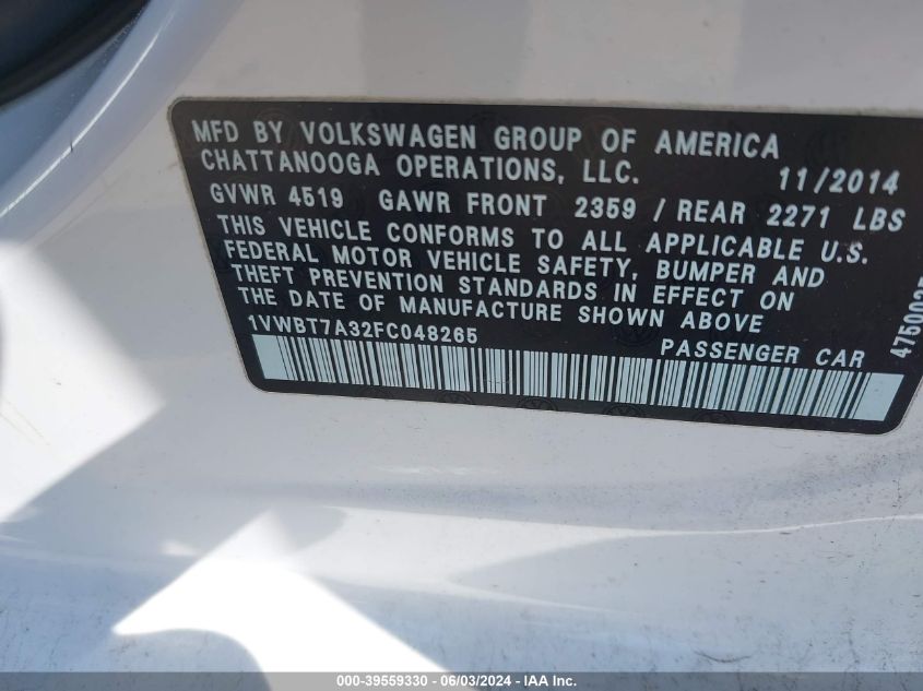 2015 Volkswagen Passat 1.8T Se VIN: 1VWBT7A32FC048265 Lot: 39559330