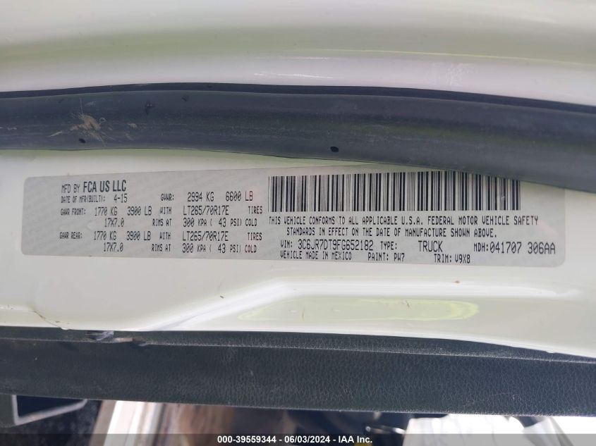 2015 Ram 1500 Tradesman VIN: 3C6JR7DT9FG652182 Lot: 39559344