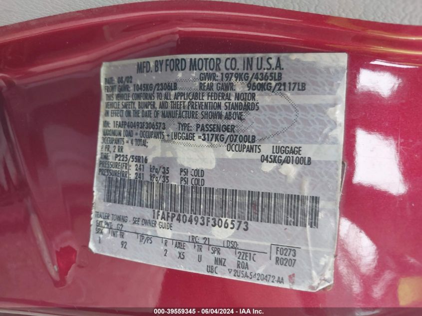 2003 Ford Mustang VIN: 1FAFP40493F306573 Lot: 39559345