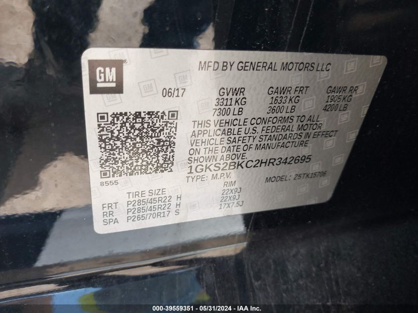 2017 GMC Yukon Slt VIN: 1GKS2BKC2HR342695 Lot: 39559351