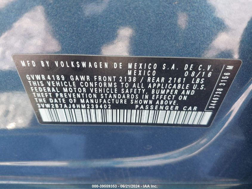 2017 Volkswagen Jetta 1.4T S VIN: 3VW2B7AJ6HM239402 Lot: 39559353