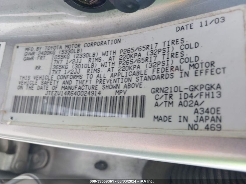 2004 Toyota 4Runner Sr5 Sport V6 VIN: JTEZU14R640024914 Lot: 39559361