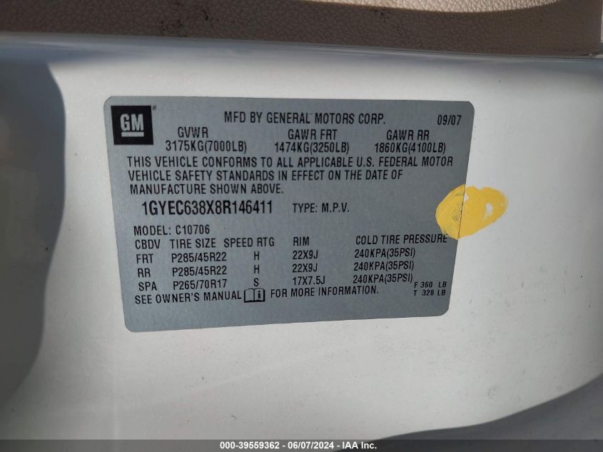 2008 Cadillac Escalade Standard VIN: 1GYEC638X8R146411 Lot: 39559362