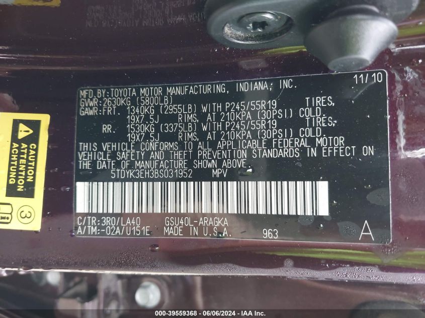 2011 Toyota Highlander Limited V6 VIN: 5TDYK3EH3BS031952 Lot: 39559368