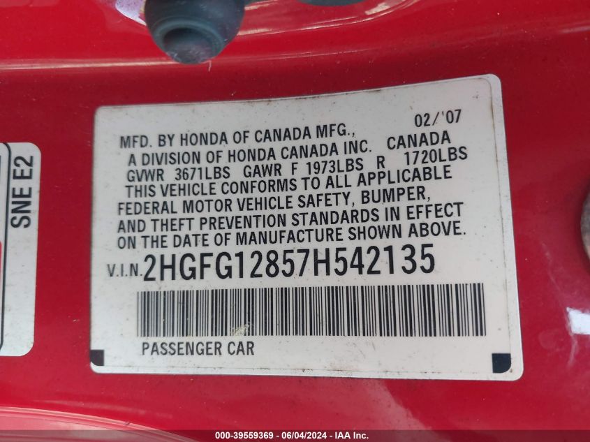 2007 Honda Civic Ex VIN: 2HGFG12857H542135 Lot: 39559369