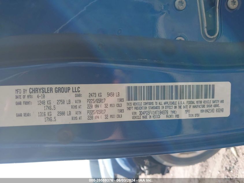 2010 Dodge Journey Sxt VIN: 3D4PG5FV1AT184978 Lot: 39559376