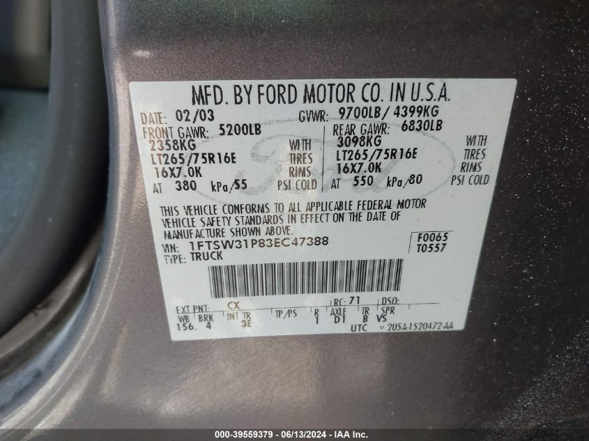 2003 Ford F-350 Lariat/Xl/Xlt VIN: 1FTSW31P83EC47388 Lot: 39559379