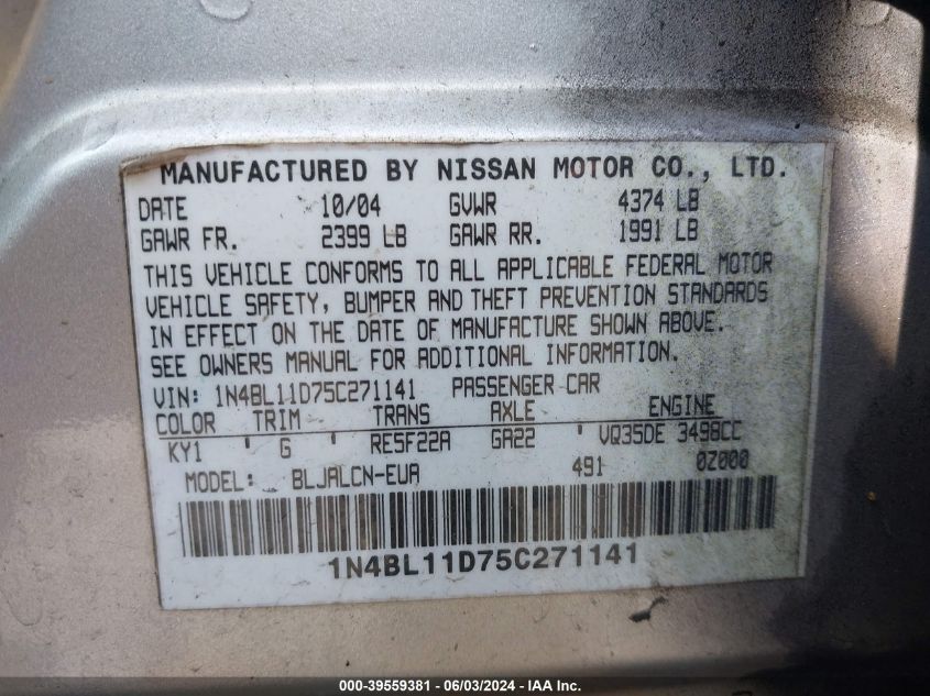 2005 Nissan Altima 3.5 Se VIN: 1N4BL11D75C271141 Lot: 39559381