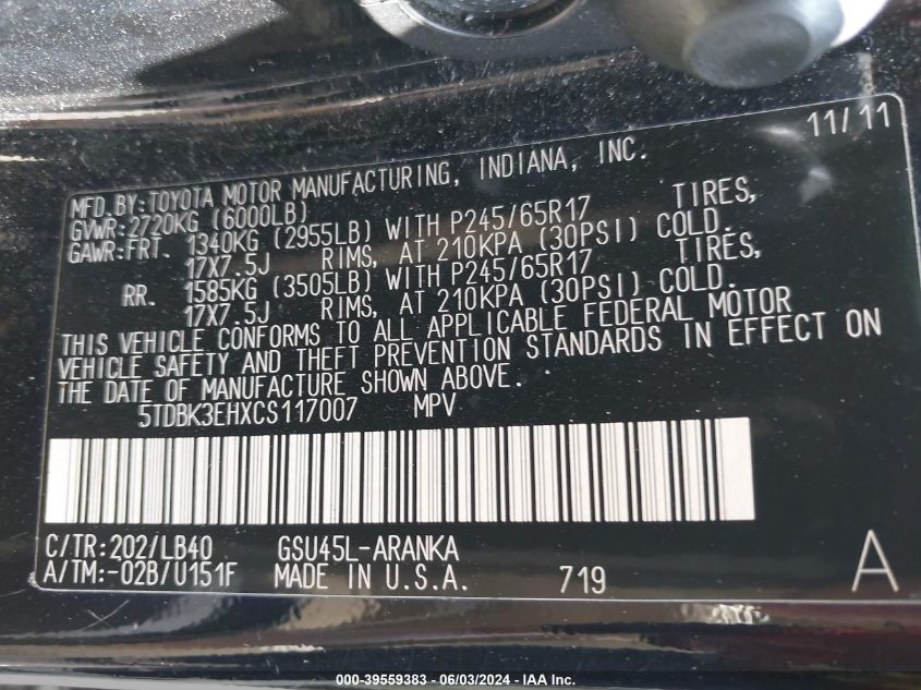 2012 Toyota Highlander Se V6 VIN: 5TDBK3EHXCS117007 Lot: 39559383