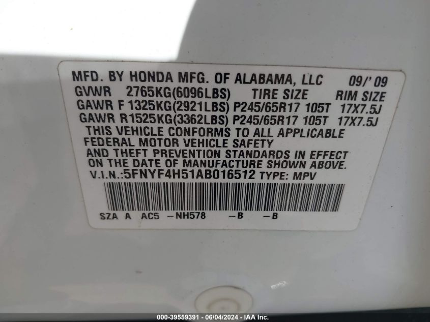 2010 Honda Pilot Ex-L VIN: 5FNYF4H51AB016512 Lot: 39559391