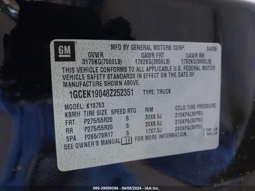 2008 Chevrolet Silverado 1500 Lt1 VIN: 1GCEK19048Z252351 Lot: 39559398