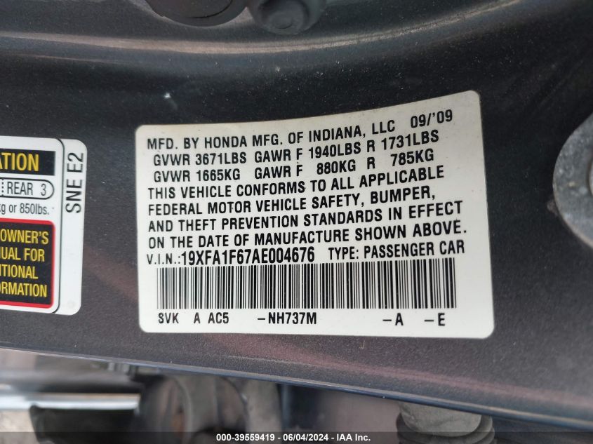 2010 Honda Civic Sdn Lx-S VIN: 19XFA1F67AE004676 Lot: 39559419