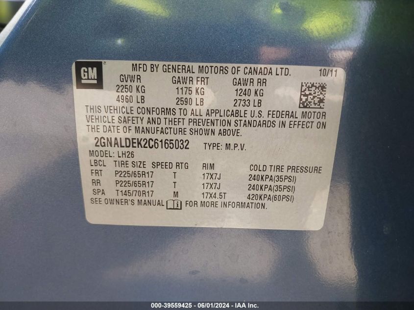 2012 Chevrolet Equinox Lt VIN: 2GNALDEK2C6165032 Lot: 39559425