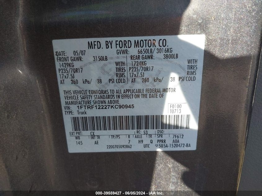 2007 Ford F-150 Stx/Xl/Xlt VIN: 1FTRF12227KC90945 Lot: 39559427