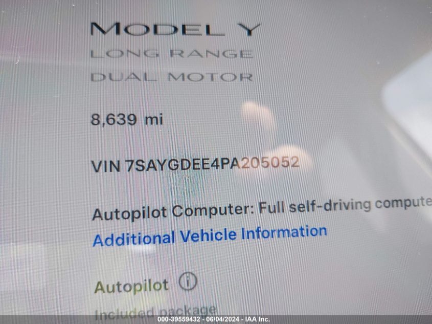 2023 Tesla Model Y Awd/Long Range Dual Motor All-Wheel Drive VIN: 7SAYGDEE4PA205052 Lot: 39559432