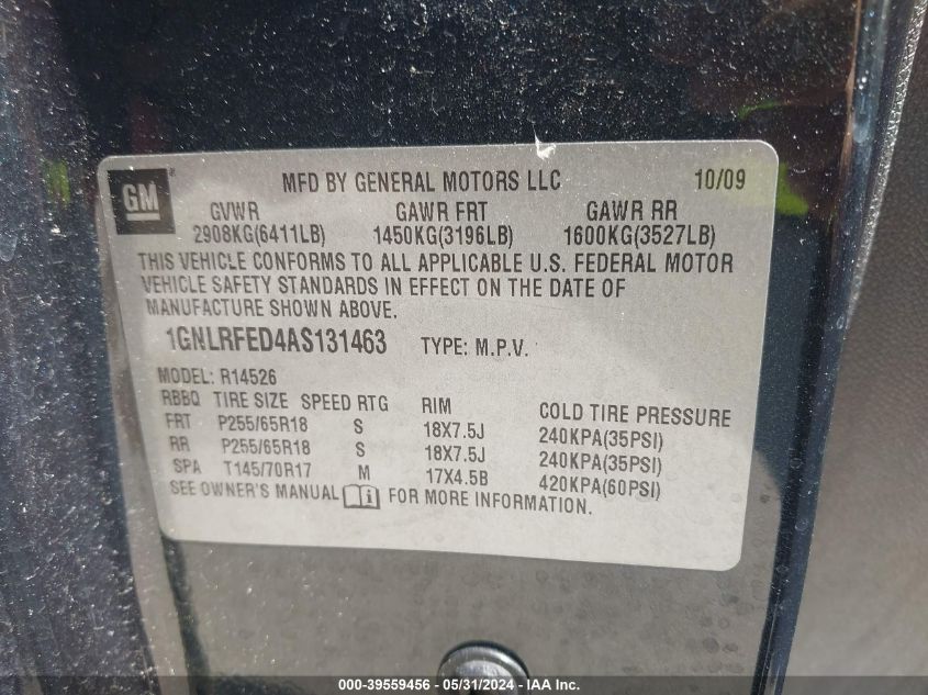 2010 Chevrolet Traverse Lt VIN: 1GNLRFED4AS131463 Lot: 39559456