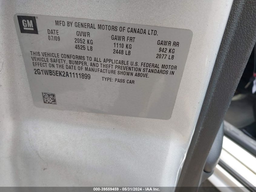 2010 Chevrolet Impala Lt VIN: 2G1WB5EK2A1111899 Lot: 39559459