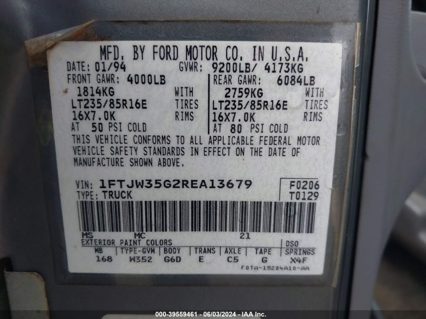 1994 Ford F350 VIN: 1FTJW35G2REA13679 Lot: 39559461