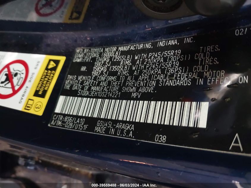 2013 Toyota Highlander Limited V6 VIN: 5TDDK3EH1DS214221 Lot: 39559488