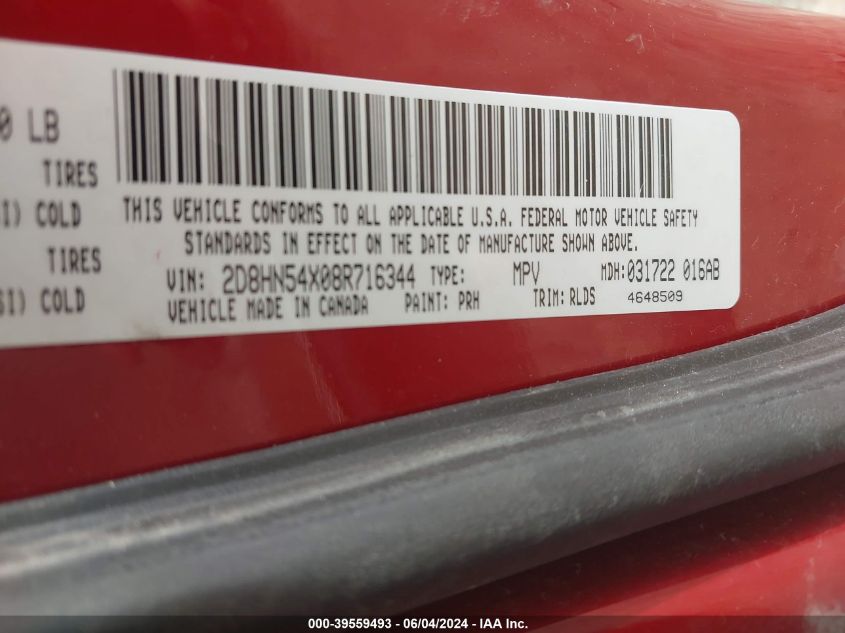 2008 Dodge Grand Caravan Sxt VIN: 2D8HN54X08R716344 Lot: 39559493