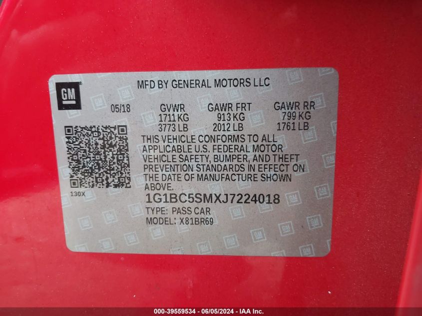 2018 Chevrolet Cruze Ls Auto VIN: 1G1BC5SMXJ7224018 Lot: 39559534