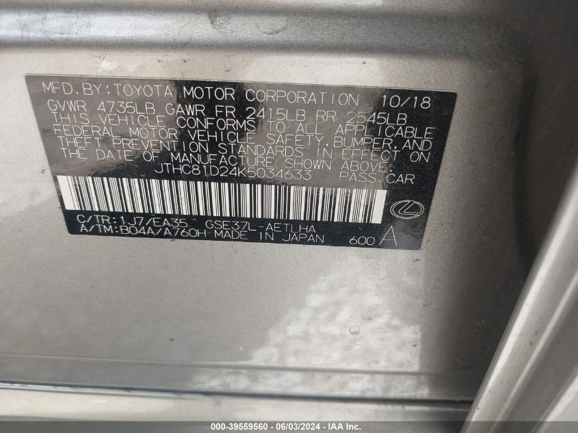 2019 Lexus Is 300 VIN: JTHC81D24K5034633 Lot: 39559560