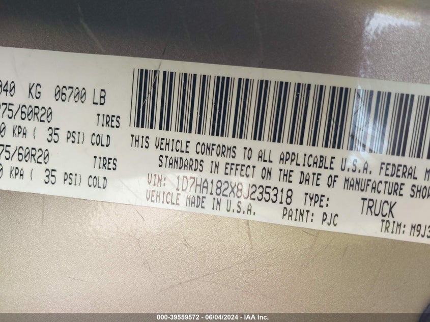 2008 Dodge Ram 1500 Slt VIN: 1D7HA182X8J235318 Lot: 39559572