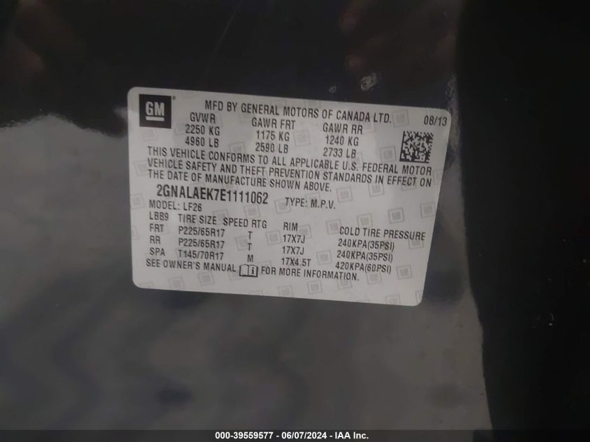 2014 Chevrolet Equinox Ls VIN: 2GNALAEK7E1111062 Lot: 39559577