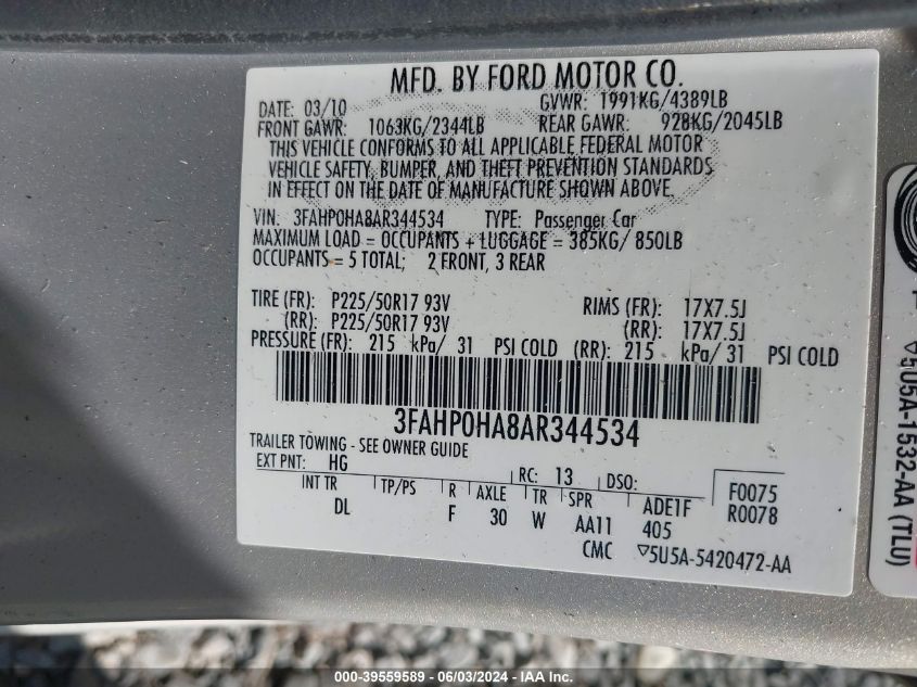 2010 Ford Fusion Se VIN: 3FAHP0HA8AR344534 Lot: 39559589