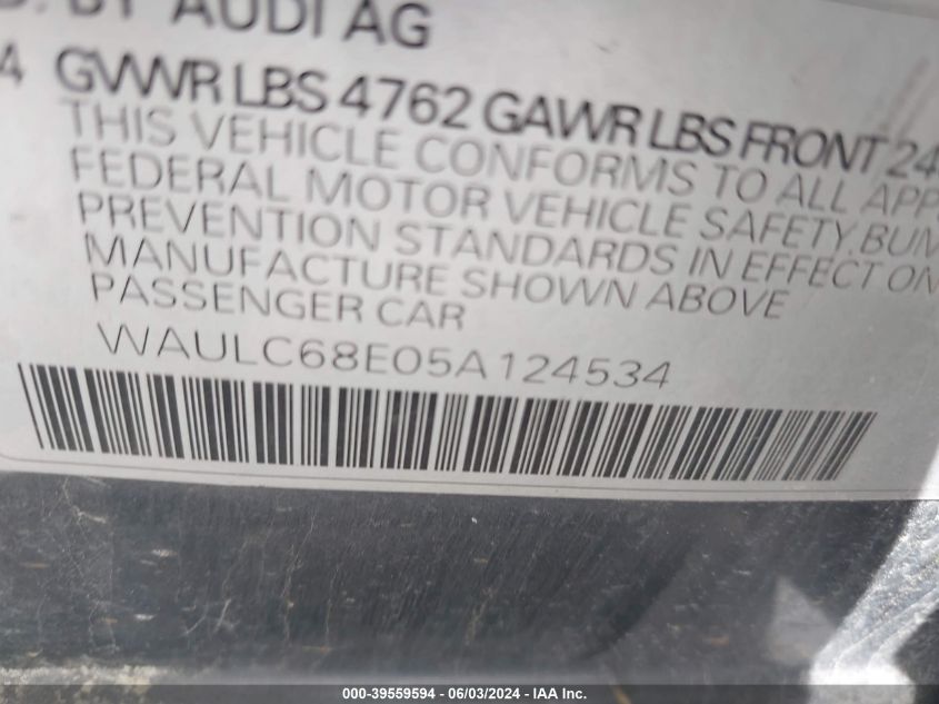 2005 Audi A4 1.8T/1.8T Special Edition VIN: WAULC68E05A124534 Lot: 39559594