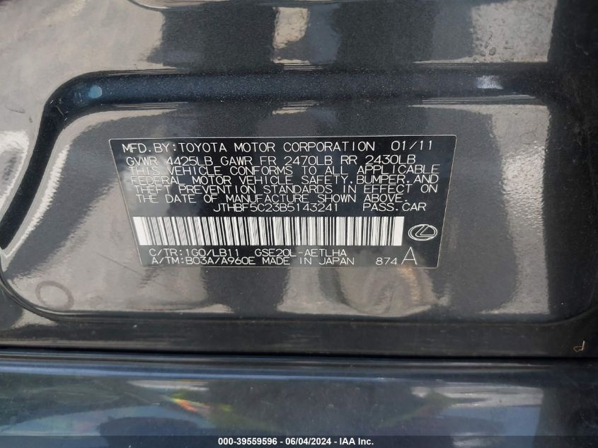 2011 Lexus Is 250 VIN: JTHBF5C23B5143241 Lot: 39559596