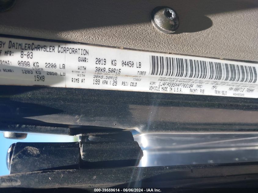 2004 Jeep Wrangler Sahara VIN: 1J4FA59SX4P703184 Lot: 39559614