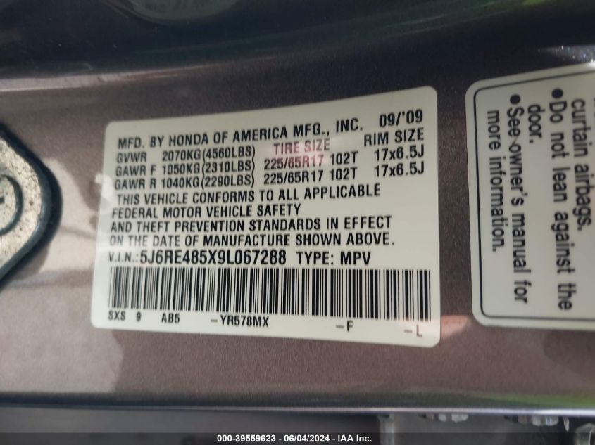 2009 Honda Cr-V Ex VIN: 5J6RE485X9L067288 Lot: 39559623