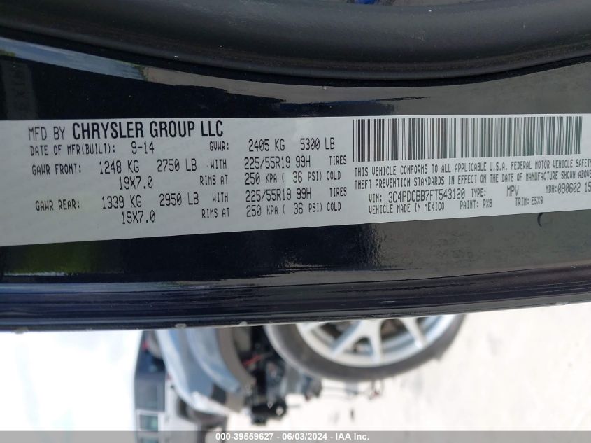 2015 Dodge Journey Sxt VIN: 3C4PDCBB7FT543120 Lot: 39559627