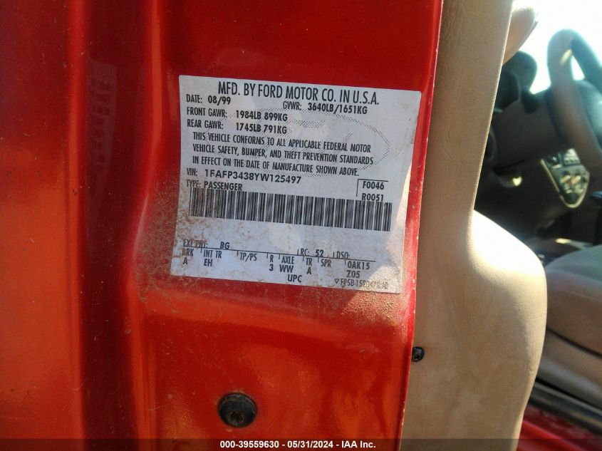 2000 Ford Focus Se VIN: 1FAFP3438YW125497 Lot: 39559630