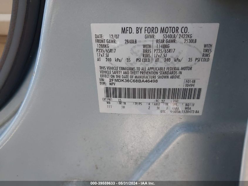 2008 Ford Edge Se VIN: 2FMDK36C68BA46498 Lot: 39559633