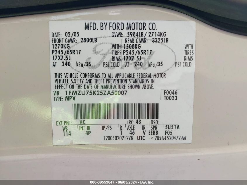 2005 Ford Explorer Limited VIN: 1FMZU75K25ZA50007 Lot: 39559647
