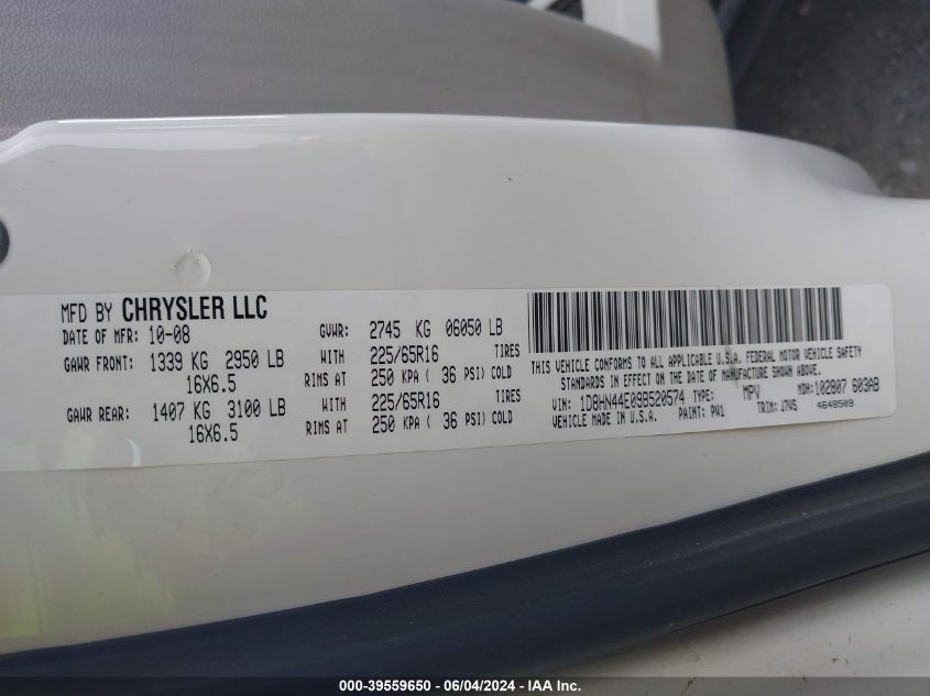 2009 Dodge Grand Caravan Se VIN: 1D8HN44E09B520574 Lot: 39559650