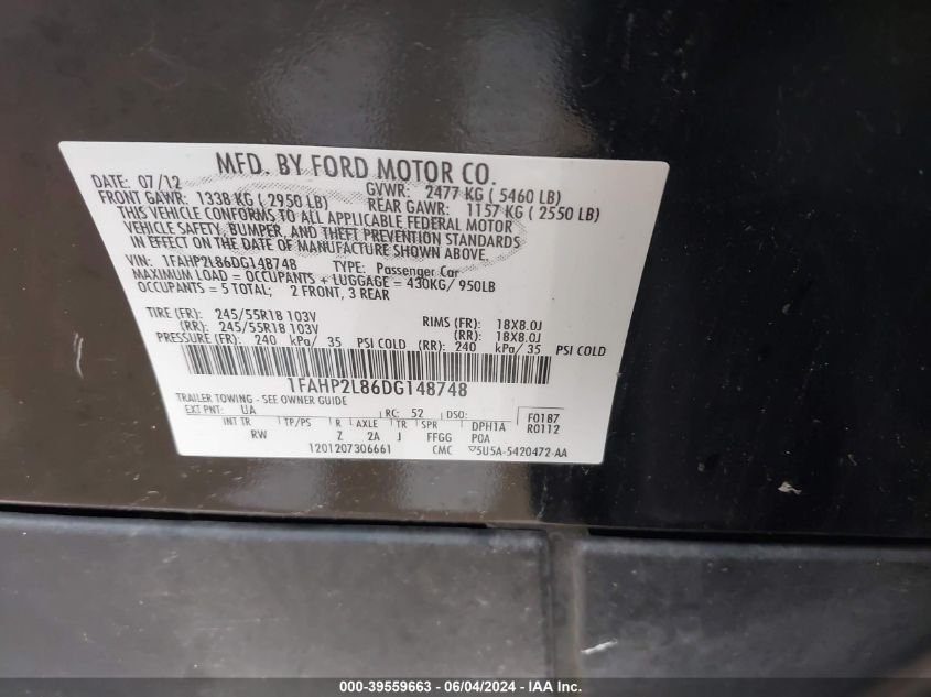 2013 Ford Police Interceptor VIN: 1FAHP2L86DG148748 Lot: 39559663