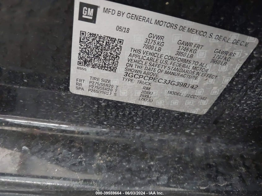 2018 Chevrolet Silverado 1500 Custom VIN: 3GCPCPEC3JG398142 Lot: 39559664