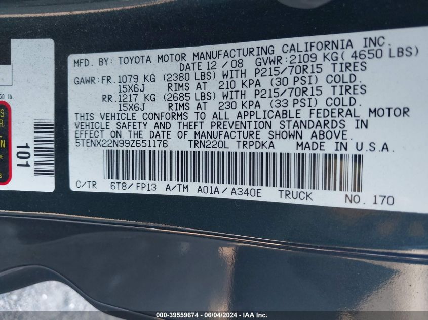 2009 Toyota Tacoma VIN: 5TENX22N99Z651176 Lot: 39559674