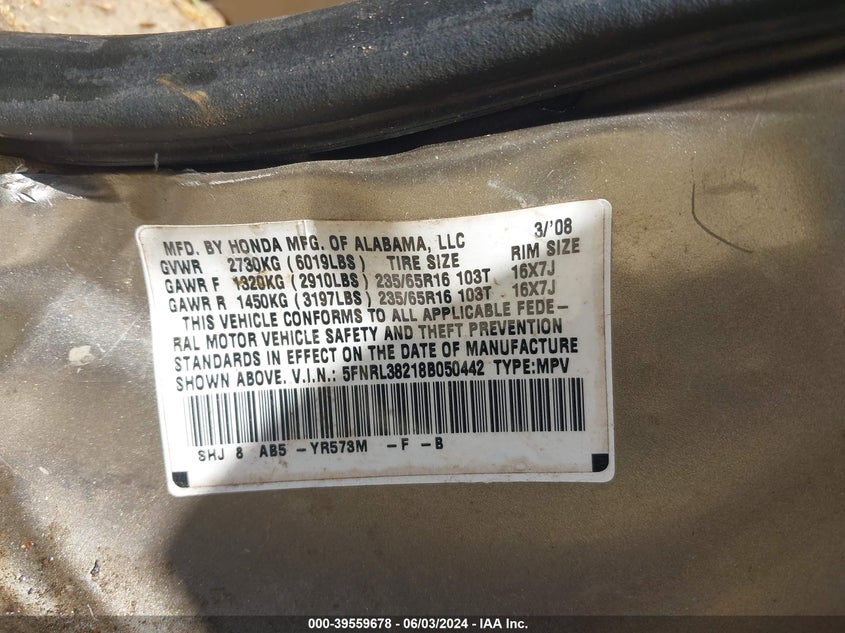 2008 Honda Odyssey Lx VIN: 5FNRL38218B050442 Lot: 39559678