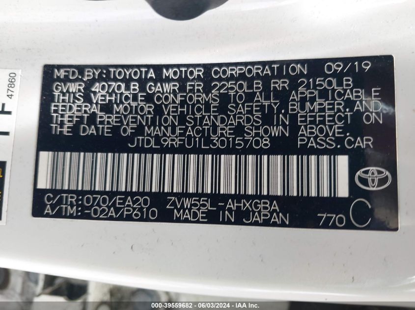2020 Toyota Prius Xle Awd-E VIN: JTDL9RFU1L3015708 Lot: 39559682