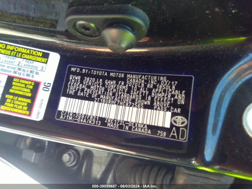 2017 Toyota Corolla Le VIN: 2T1BURHE7HC872565 Lot: 39559687