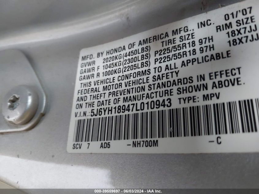 2007 Honda Element Sc VIN: 5J6YH18947L010943 Lot: 39559697