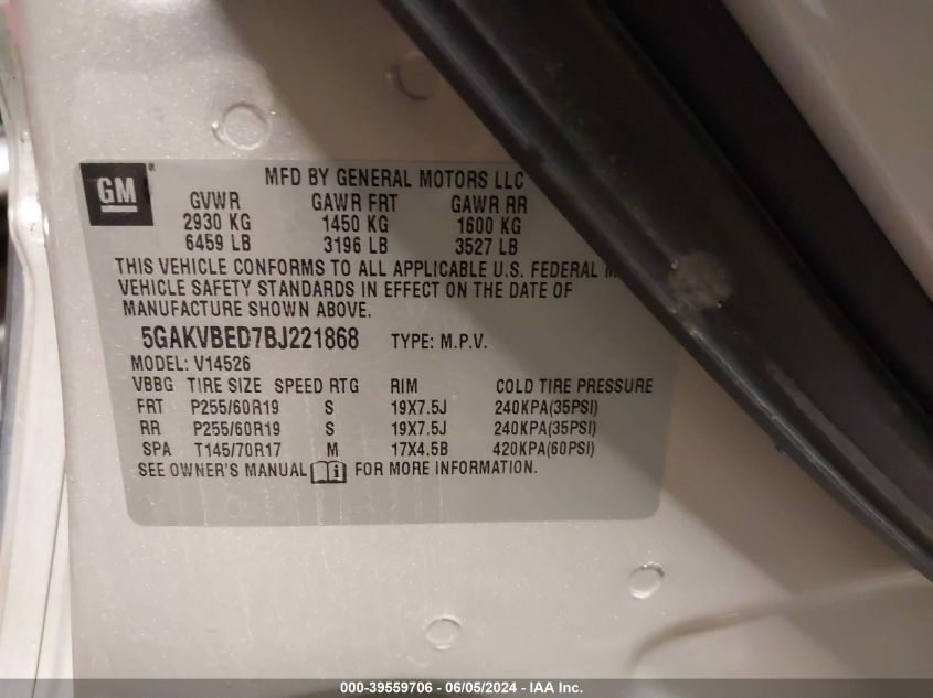 2011 Buick Enclave 1Xl VIN: 5GAKVBED7BJ221868 Lot: 39559706